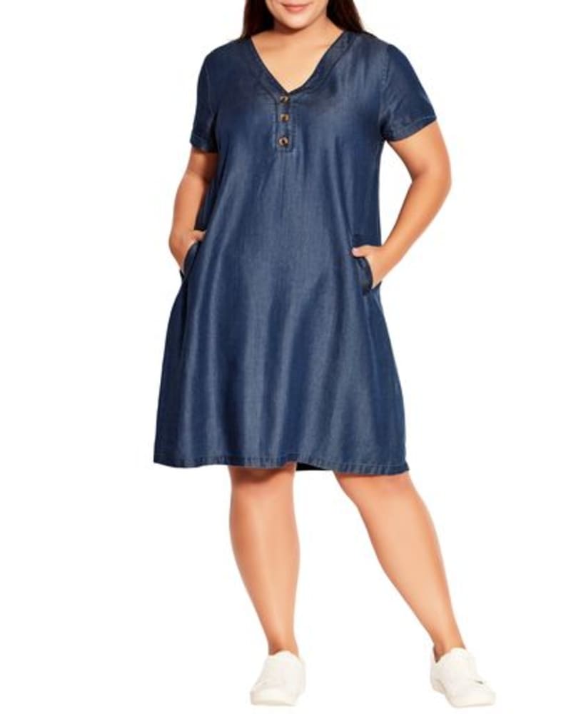 Front of a model wearing a size 14 DRESS CASSIE in Indigo by avenue. | dia_product_style_image_id:273051